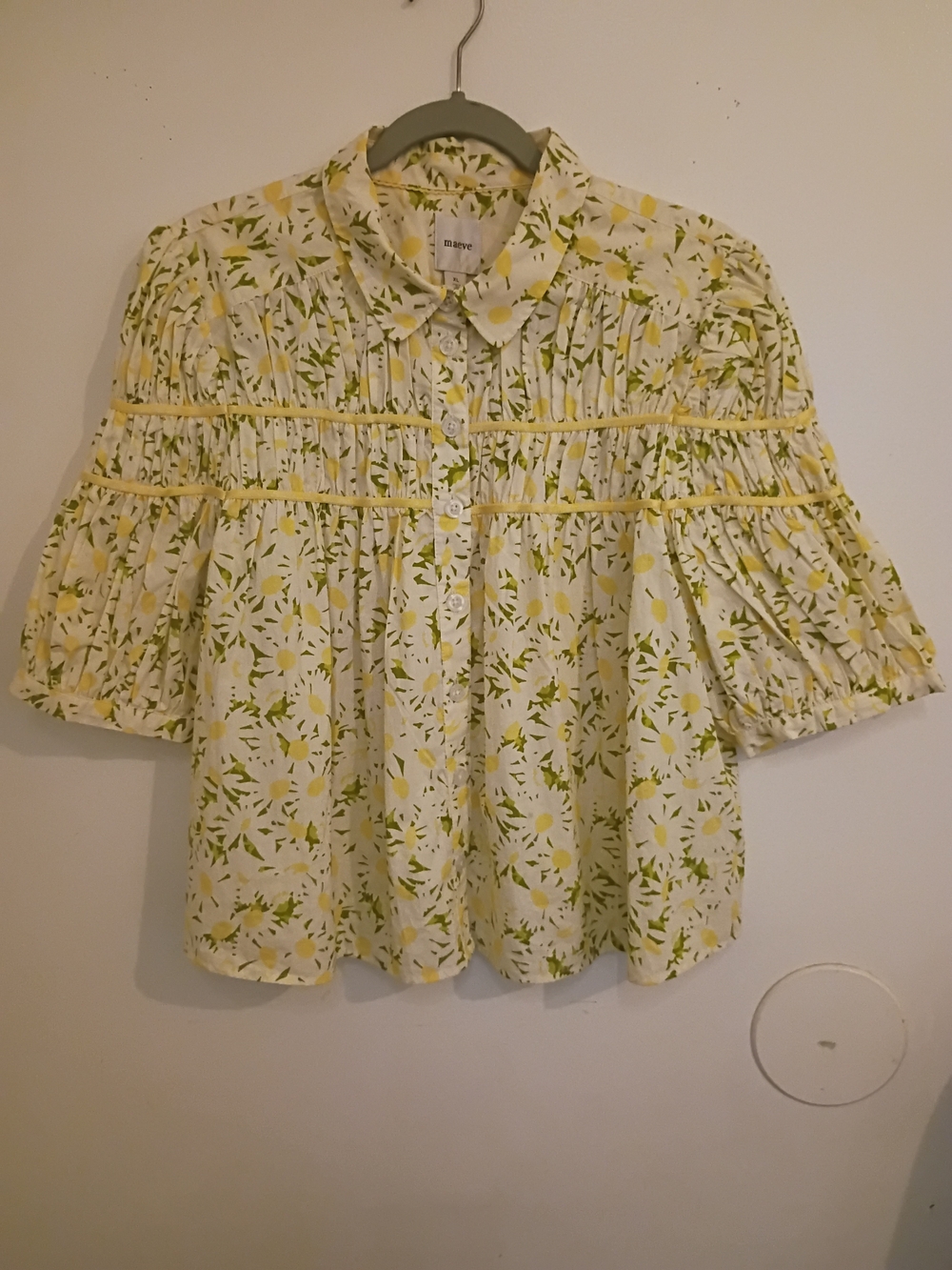 Maeve Anthropologie Yellow and Green Puff-Sleeve Button Blouse Leandra Sz XL